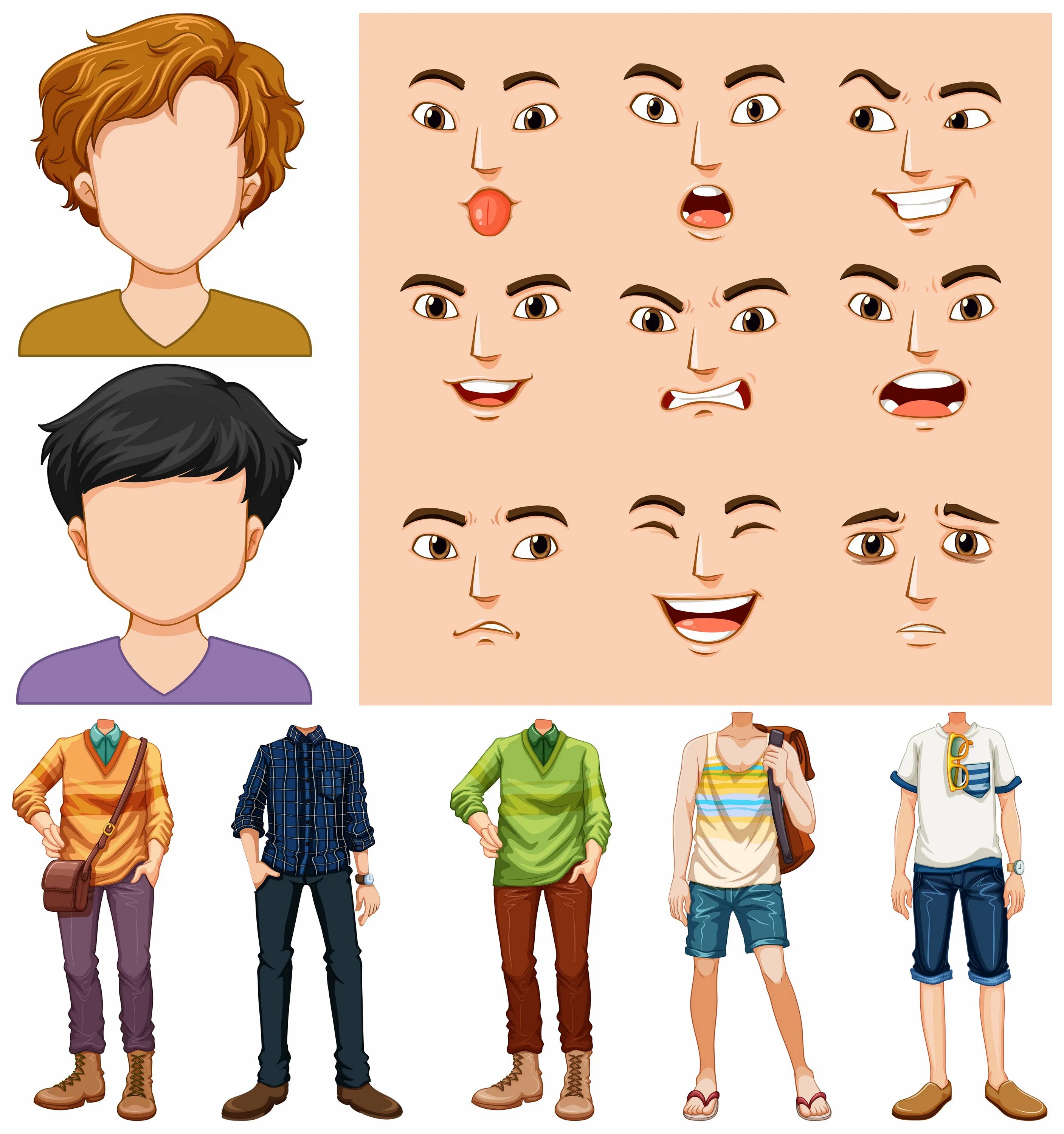 Мультяшные лица людей. Мультяшные части лица. Части лица с разными эмоциями. Шаблоны частей лица.