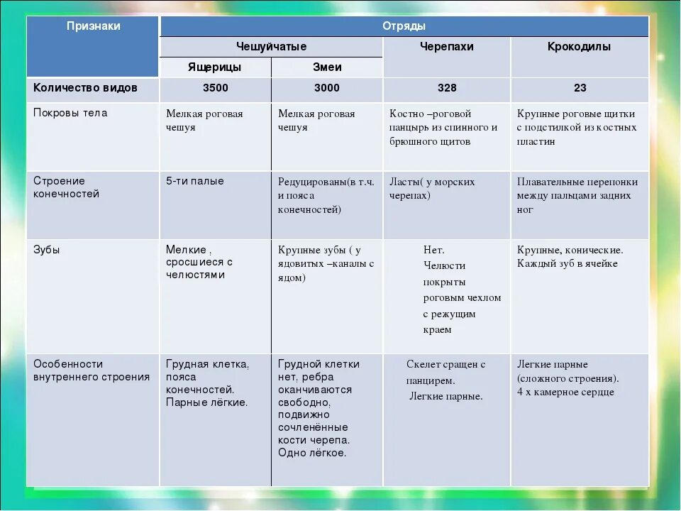 Основные характеристики отрядов пресмыкающихся таблица. Таблица отряды представители признаки отряда пресмыкающиеся. Общая характеристика класса пресмыкающиеся 7 класс таблица. Отряды пресмыкающиеся таблица 7 класс биология.
