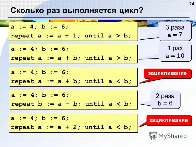 Сколько раз выполнится цикл. Сколько раз выполнится цикл а 4 b 6. Алгоритм Паскаль 8 класс. Сколько раз будет выполняться цикл от 1 до 7.