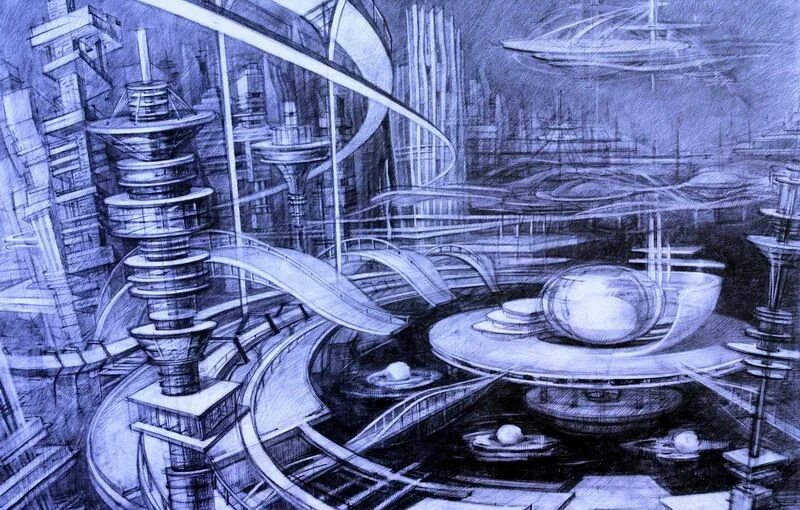 Город будущего график работы. Архитектурная композиция. Фантастический город графика. Клаузуры архитекторов футуризм. Город будущего график работы.