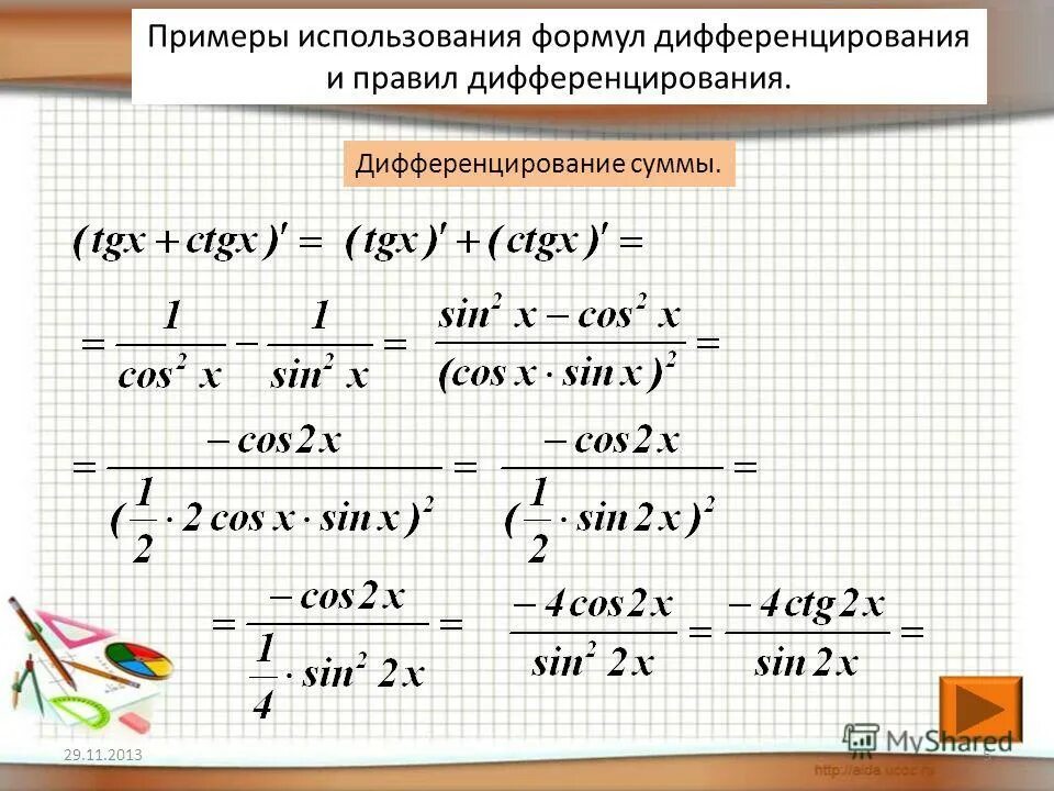 Пример использования формул. Формулы правил дифференцирования. производные функции примеры. правила дифференцирования примеры. производная формулы примеры.