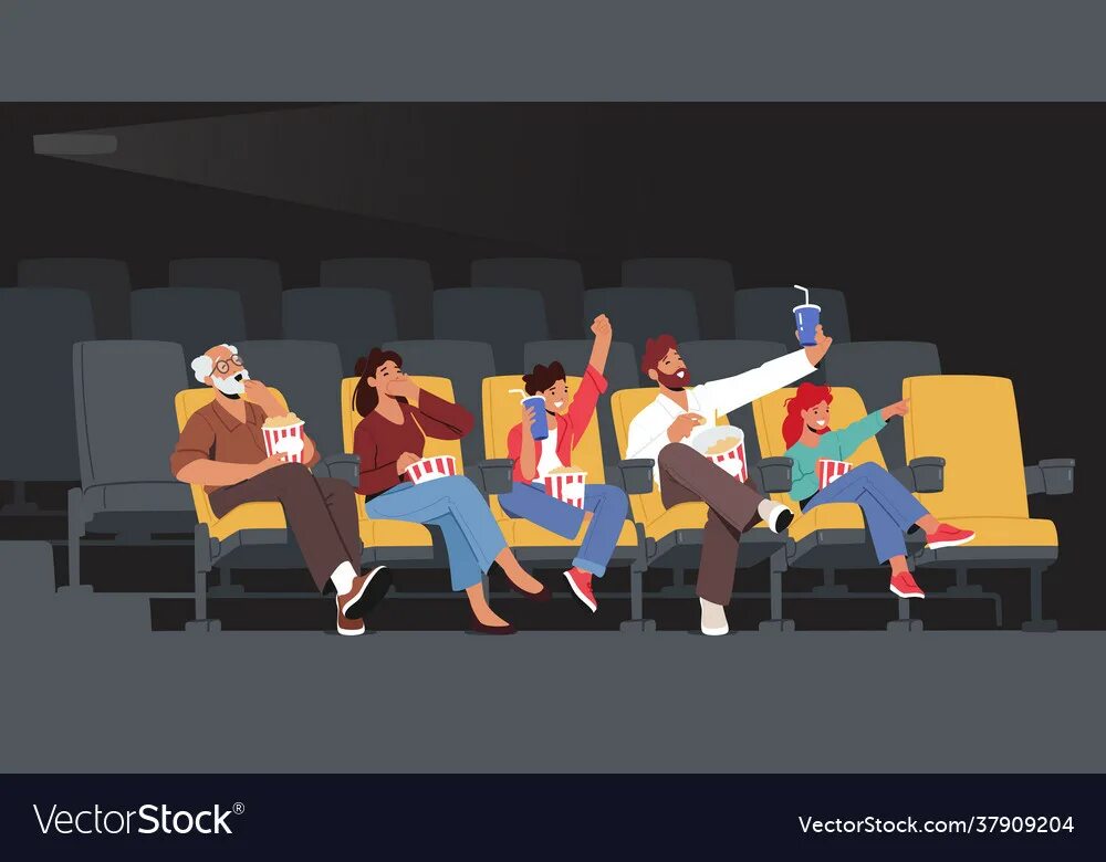 Weekend theater. Картинка at the Cinema. Watching together арт. Queue at Cinema illustrations.