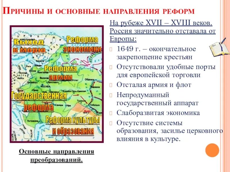 • Основные направления и суть реформ на рубеже XVII И XVIII ВВ.. Отставание России от Европы 18 век. На рубеже 17-18 веков в России отставала от европейских стран. «Причины, предпосылки, цели и задачи реформ на рубеже XVII-XVIII В.