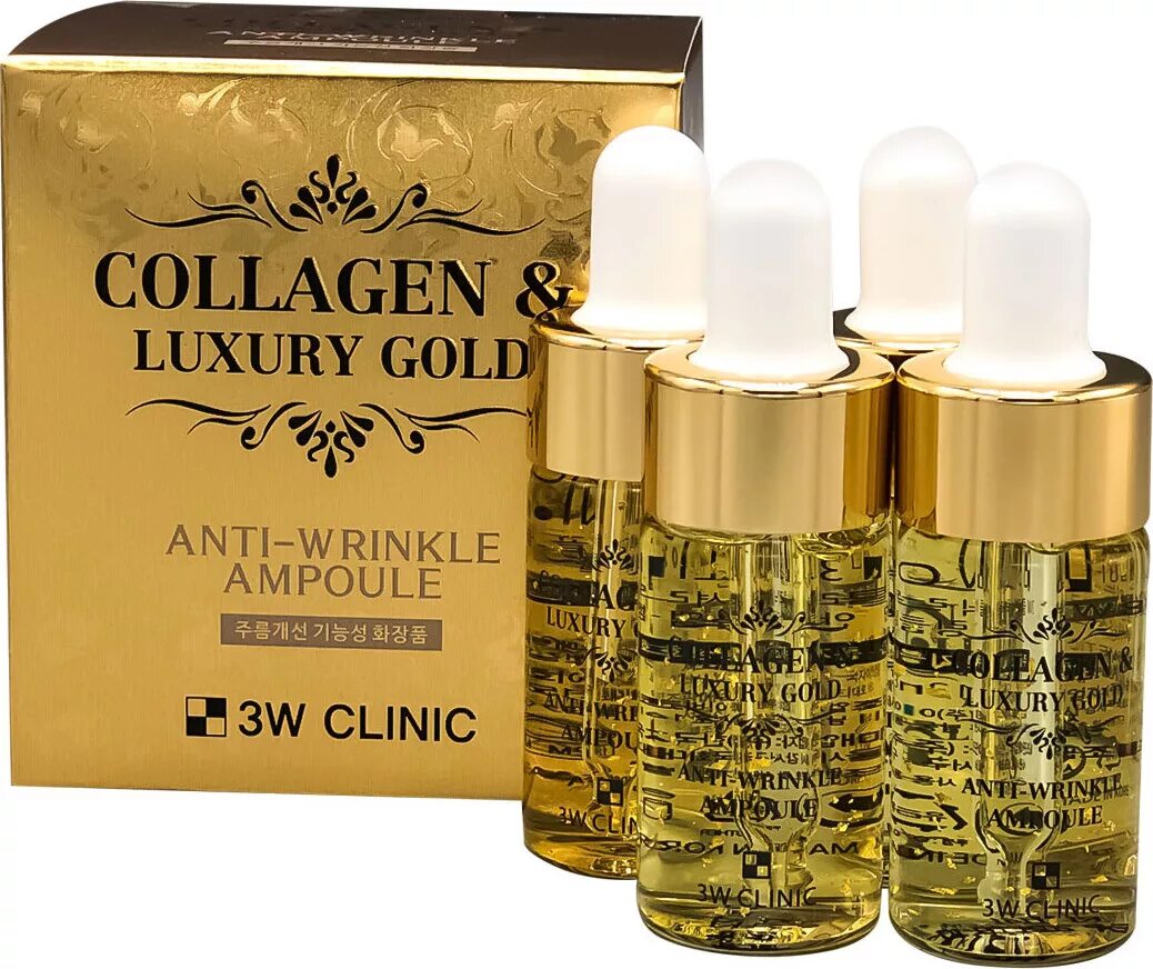 3w Clinic Collagen & Luxury Gold Anti Wrinkle Ampoule сыворотка для лица с золотом и коллагеном. Сыворотка для зрелой кожи 3w Clinic Collagen & Luxury Gold Anti Wrinkle Ampoule, 100 мл.. 3w Clinic набор сывороток антивозрастной Collagen & Luxury Gold Anti-Wrinkle Ampoule (4p). Ампульная сыворотка с золотом 100 мл 3w Clinic Collagen & Luxury Gold Anti-Wrinkle Ampoule.