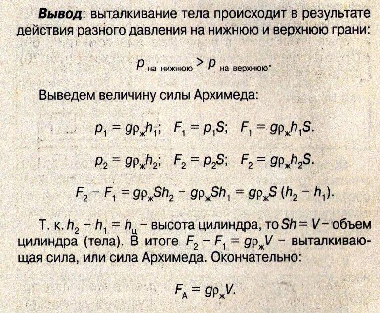 Вывод формулы архимедовой силы. Вывод формулы силы Архимеда 7 класс. Выведение формулы архимедовой силы. Архимедова сила формула физика.