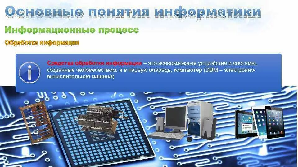 Информатика 9 класс обработка информации. Электронные средства обработки информации. базовые понятия информатики. средства обработки информации в информатике. процесс обработки информации в компьютере.