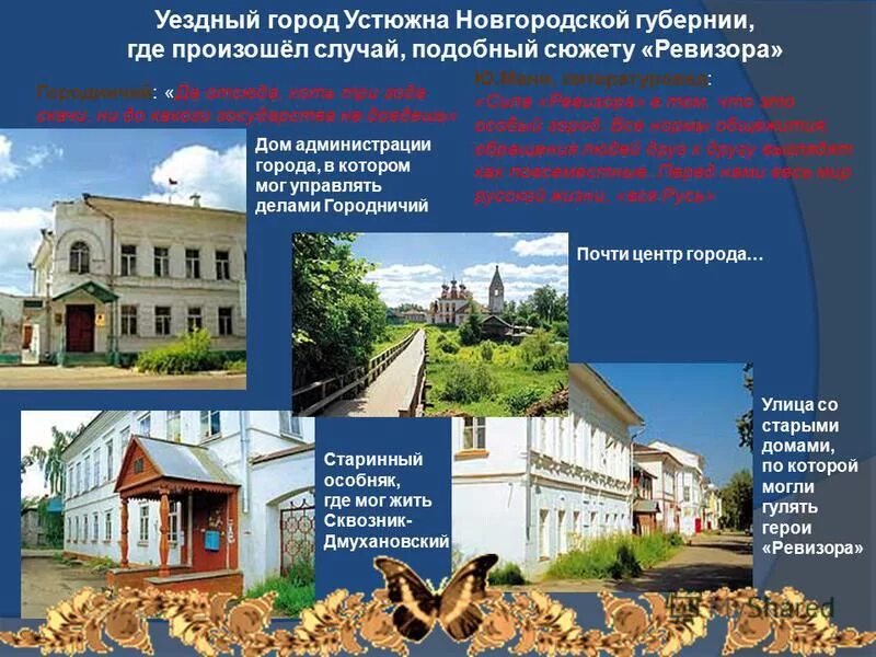 Подготовьте описание уездного города приведите цитаты