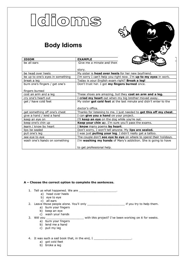 Keep ones head. Body idioms. Idioms with Parts of the body Worksheets. Idioms exercises. Body idioms Worksheet.