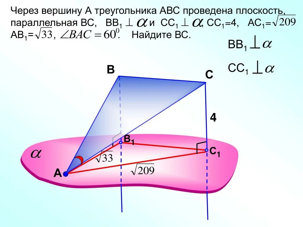 Через вершину проведена плоскость. Через вершину треугольника АВС проведена плоскость а. Через вершину. Провести плоскость. А параллельна альфа б перпендикулярна альфа