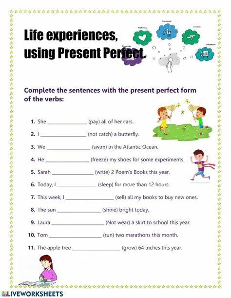 Write questions use the present continuous. Презент Перфект Worksheets. Present perfect Life experience. Задания на present perfect 7 класс Worksheets. Present perfect упражнения Worksheets.