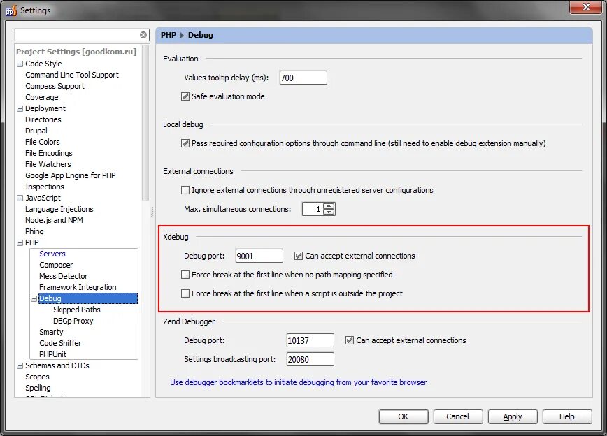 Tools>options>Debugger settings?. Отладка через die на php. Proxy path