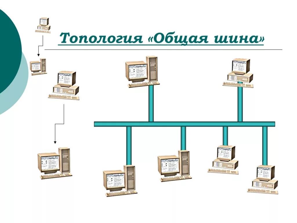 Топология ЛВС шина. Топология сети (общая схема соединения компьютеров в локальные сети):. Схема локальной сети линейная шина. Схема локальной сети топологии шина.