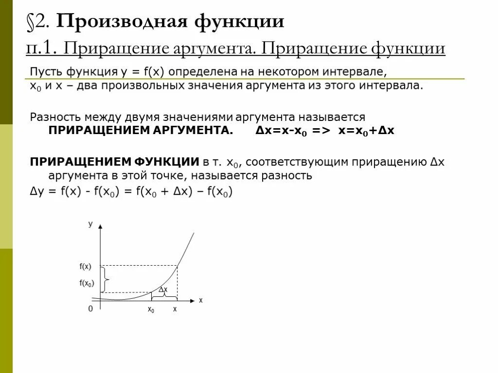 Производная презентация 10 класс мордкович. Производная приращение функции. Производная функции одного аргумента. Понятие приращения функции и приращения аргумента. Приращение функции y f x.