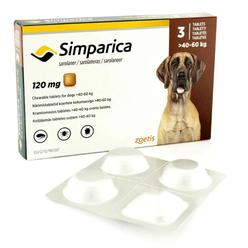 Симпарика для собак 40-60кг средство от блох и клещей 120мг - 3 табл. Симпарика 40-60. Для собак 40,1-60 кг, 3 таб. Симпарика 120 мг. Для собак 40,1-60 кг, 3 таб.