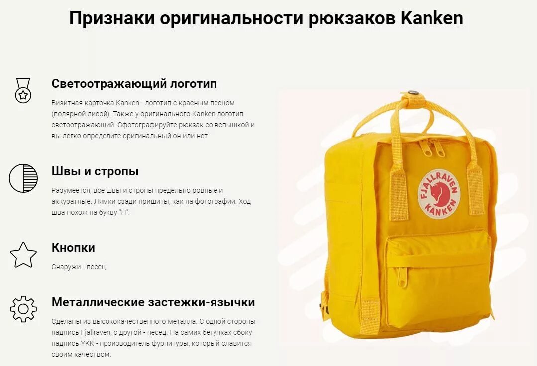 Признаки оригинальности. Рюкзак Fjallraven Kanken поделка.