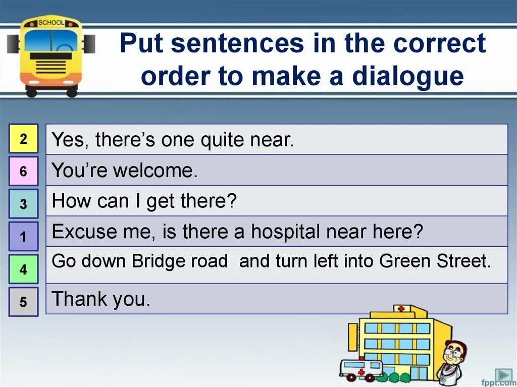 Put the sentences in the correct order. Correct order sentences. Put in the correct order. Sentence order. Reconstruct the dialogue and get