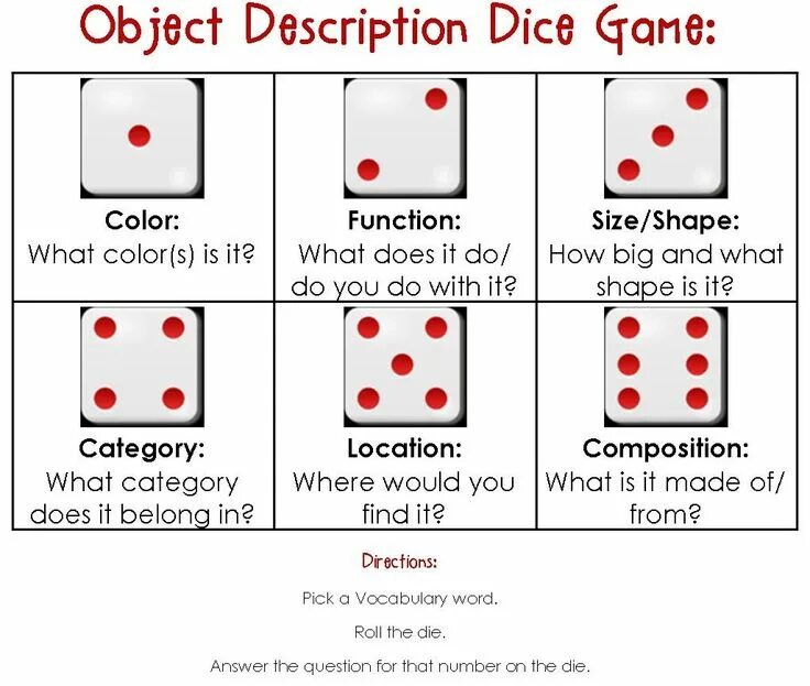 Vocabulary dice. Dice game activities. Dice game Vocabulary. Dice Worksheet. Object description