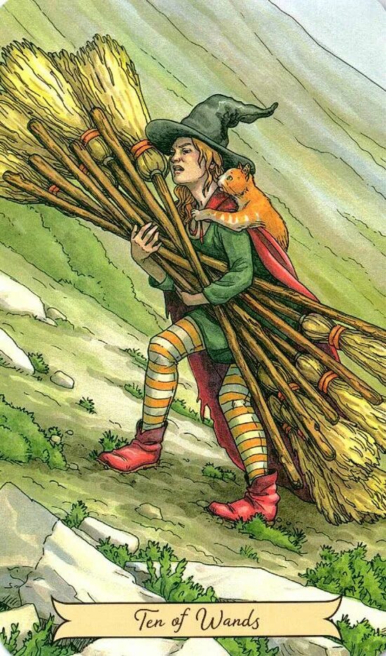 10 жезлов чувства значение. 10 жезлов таро. everyday witch tarot. десятка жезлов таро. 10 скипетров таро.