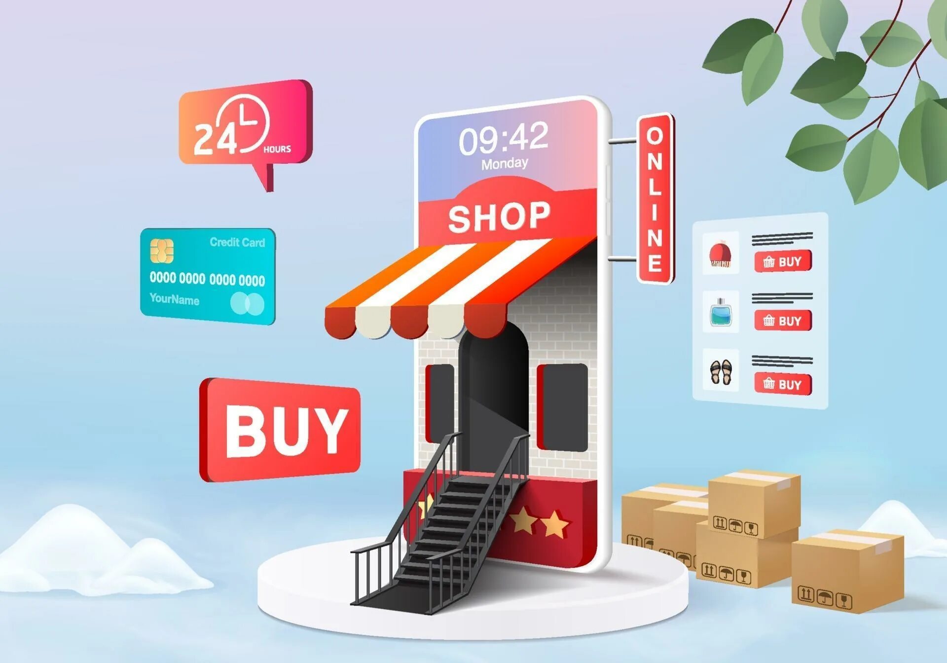 Мобильный e-Commerce. 3d иллюстрация магазина. E Commerce 3d.