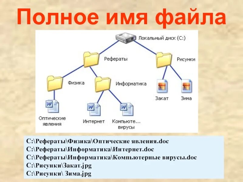 Папка каталоги дерево каталогов. Полное имя файла. Полное имя файла это в информатике. Структура полного имени файла. Полное имя файла Информатика 7 класс.