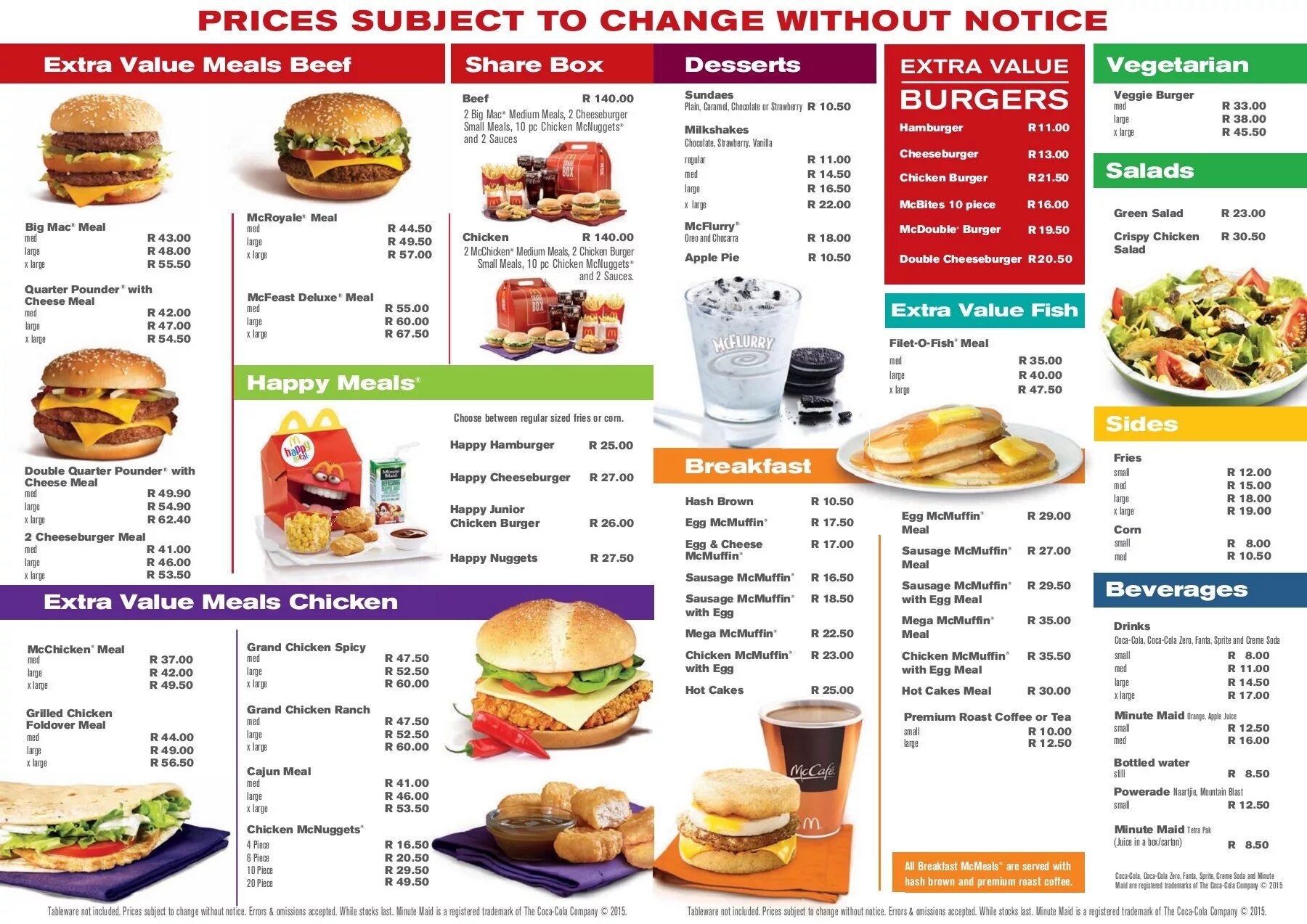 Mcdonalds menu