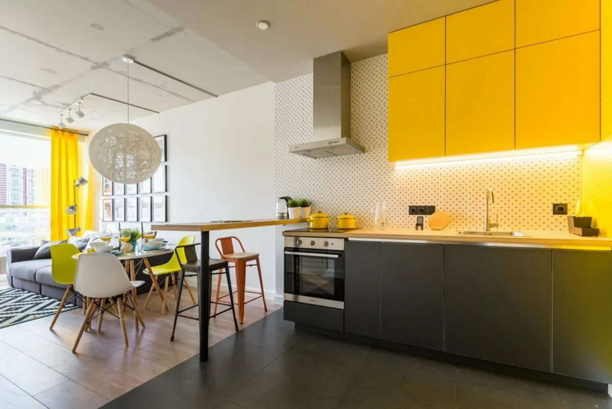 Желтые кухни. Кухня в желтом стиле. Модный интерьер кухни. Кухня в ярких тонах.