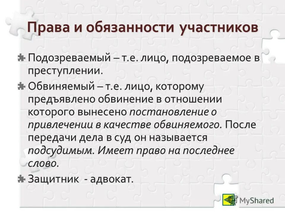 Отношение к предъявленному обвинению. Как называется лицо которому предъявлено обвинение. Участники со стороны обвинения. Участники со стороны обвиняемого.