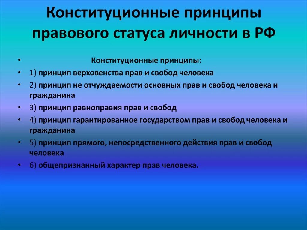 К принципам гражданина рф не относится. Принципы правового статуса личности. Конституционные принципы правового статуса личности. Принципы конституционного статуса личности в России. Конституционные основы правового статуса личности в РФ.