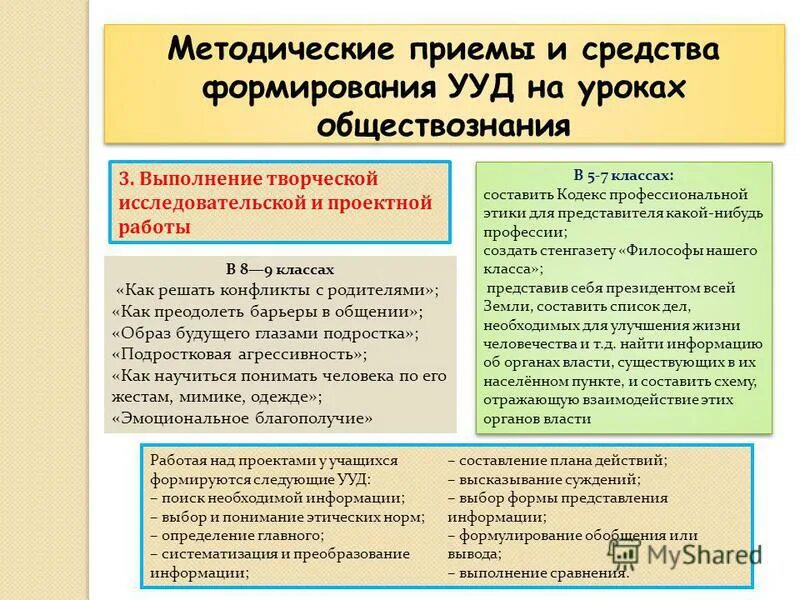 Методы развития ууд. Приемы формирования познавательных универсальных учебных действий. методические приемы на уроках обществознания. приемы и средства формирования рууд. ууд на уроках обществознания.