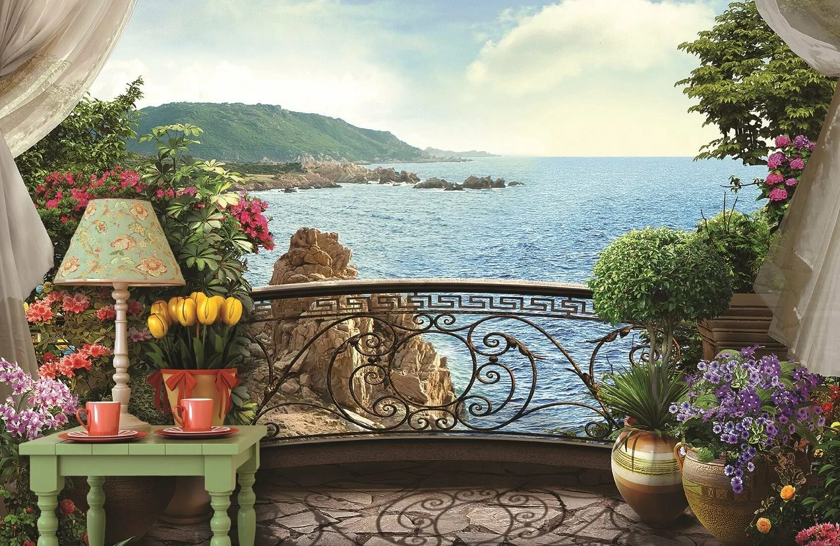 Фотообои стола. Веранды с красивым видом. Вид с балкона. Вид на море с террасы. Красивый вид с террасы.