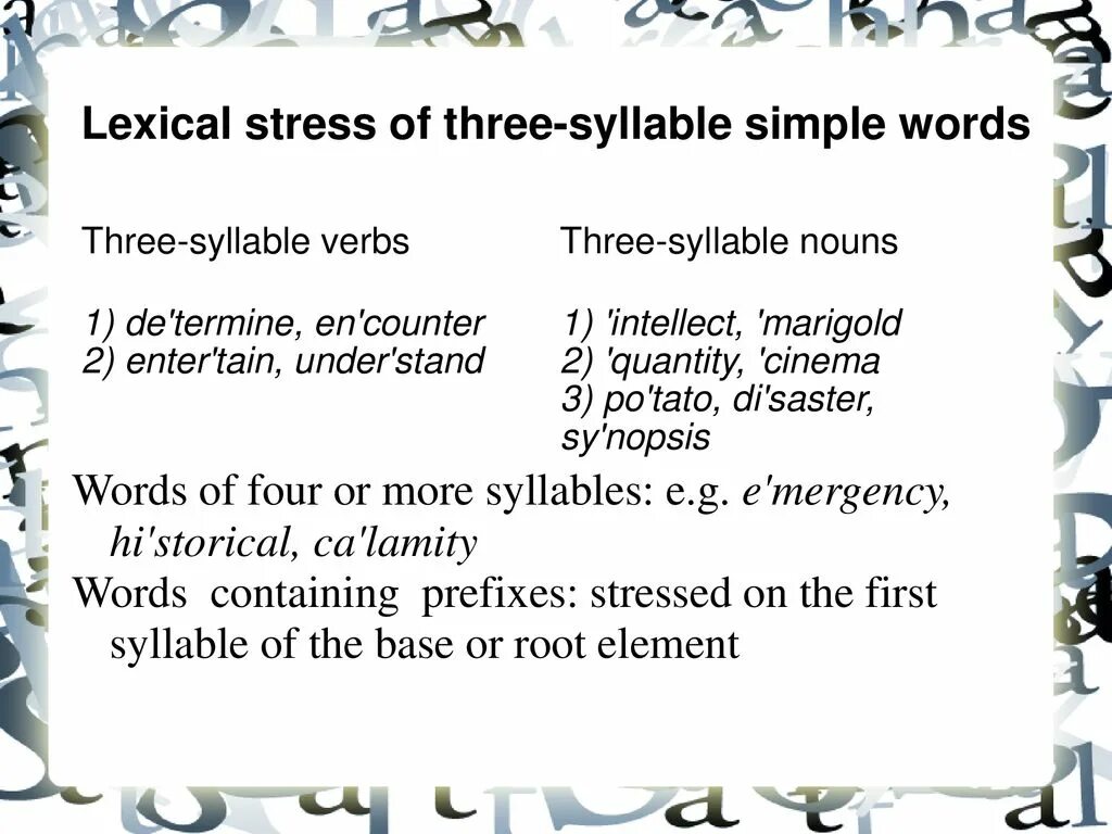 Underline the stressed. Примеры stressed syllable. Syllables and Word stress. Three syllable Words. Stressed syllable в английском.