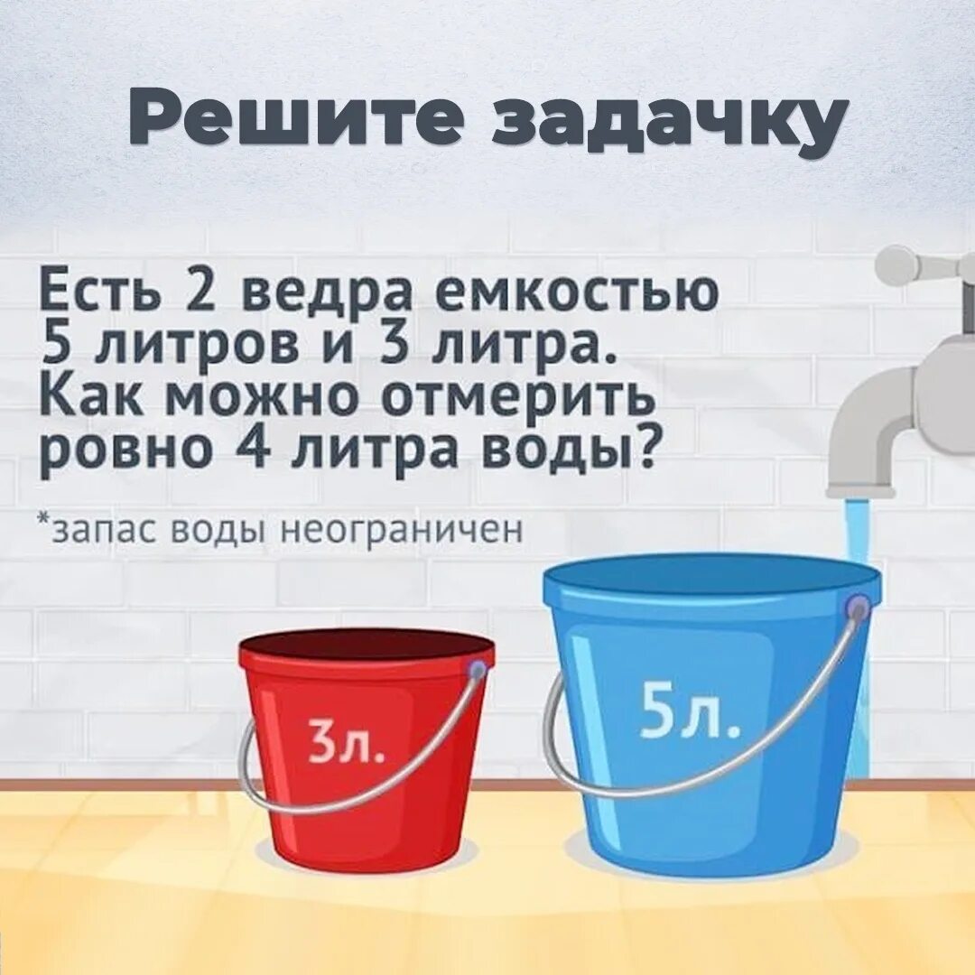 Задача с двумя ведрами. Загадка про ведро. Загадка про вёдра 3 и 5. Задача на логику с ведрами.