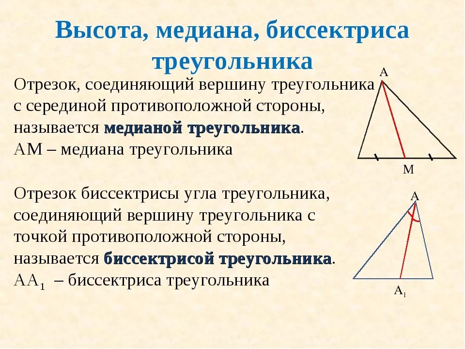 Вершины медианы биссектрисы. Медиана биссектриса и высота треугольника определения и свойства. Медиана и биссектриса треугольника. Медиана биссектриса и высота треугольника. Медиана высота Луч биссектриса.