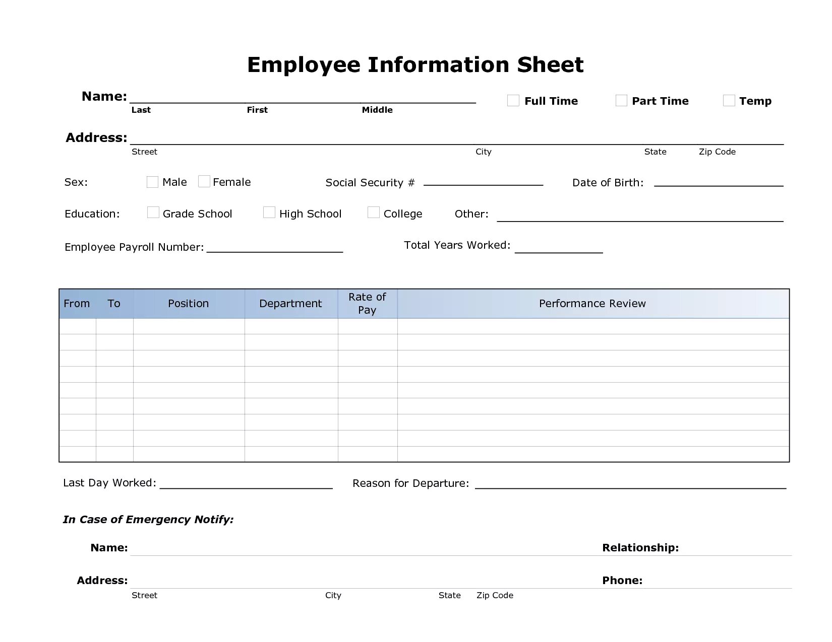 Employee last name. Employee information. informational sheet. full sheet. ios form sheet.