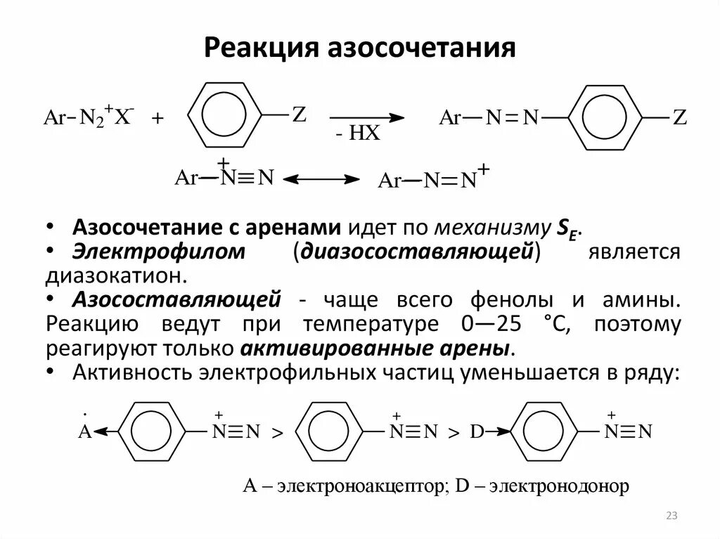 Активность реагента. Реакции солей диазония с фенолами и аминами. Реакция азосочетания с фенолом. Реакция азосочетания фенола с 4-нитробензолдиазонийхлоридом. Азосочетание с аминами и фенолами.