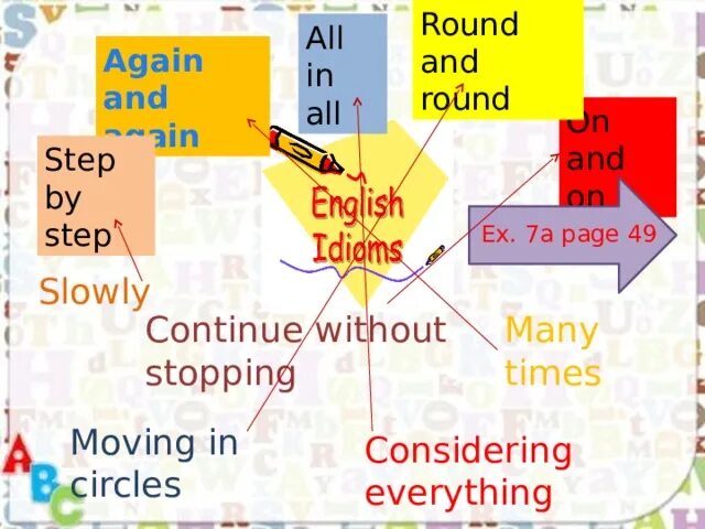 Again and again идиома. Идиомы again and again Step by Step all in all on and on Round and Round перевод. Again and again Step by Step all in all on and on Round and Round. Round and Round предложения.