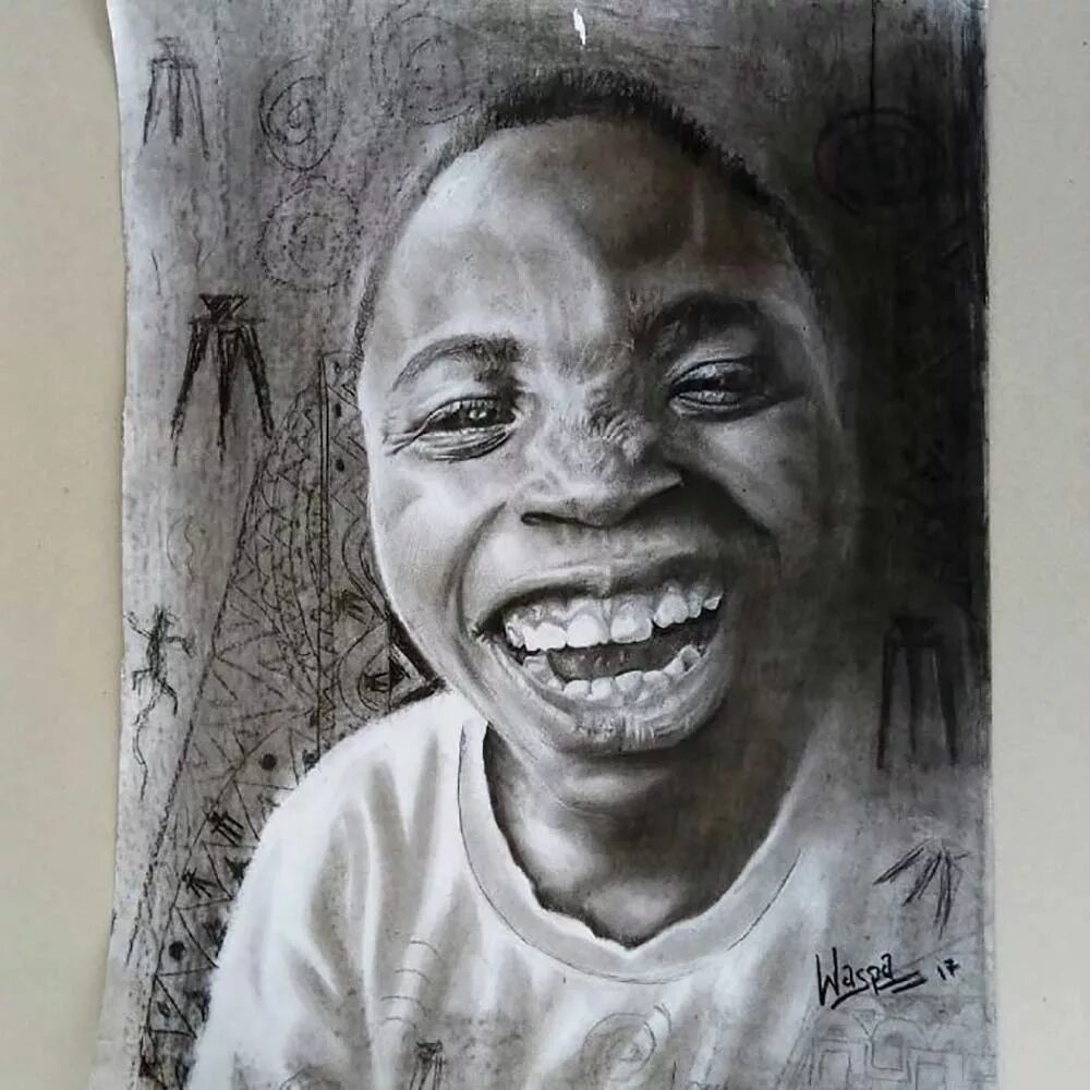 Рисунки 11. Из Нигерии художник. Гиперреалистичные портреты детей. Африканский мальчик художник.
