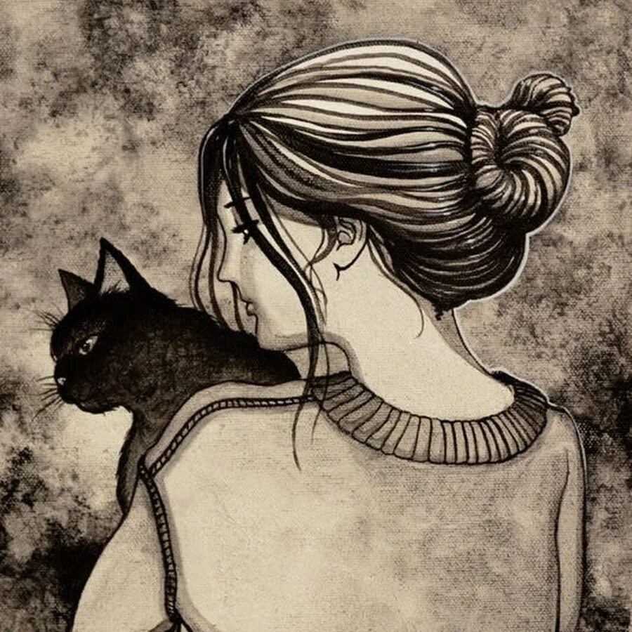 Картинка девушка с кошкой. Девушка с котом. Девочка с черным котом. Девочка кошка арт. Девушка с кошкой рисунок.