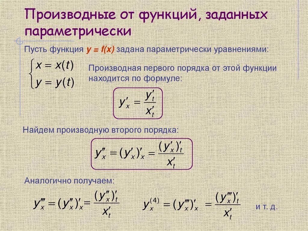 Найти f x первую производную функции. Формулы производных для параметрически заданных функций. формулы нахождения производной 2 порядка. производная второго порядка функции формула. производная 2 порядка от функции заданной параметрически.