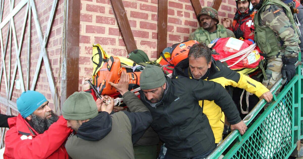 сход лавины кадр. сход лавины. сход лавины в индии. сход лавины 19. индия горнолыжный курорт гульмарг.