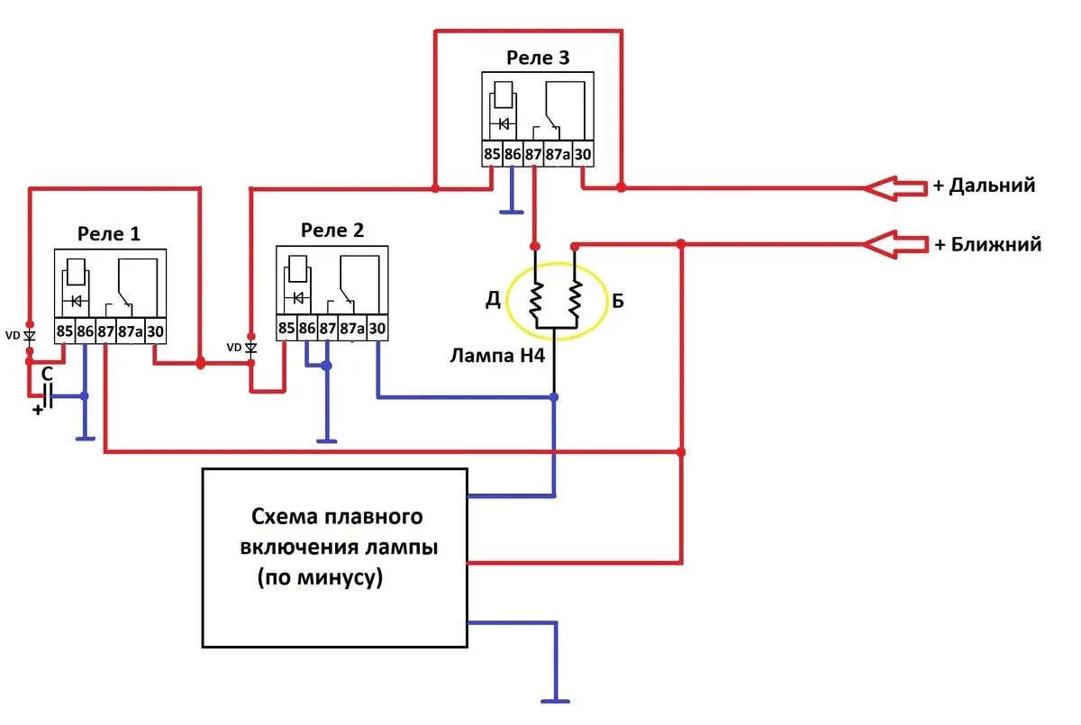 Схема подключения лампы ближнего и дальнего света. Схема ближнего света ВАЗ 2107. Схема ближнегодалтнего света 2107. Плавный пуск ближнего света схема. Как подключить дальний ближний свет