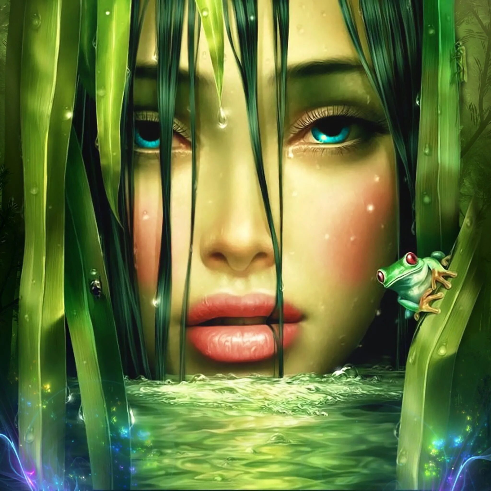 Художник Tang Yuehui. Девушка и лягушка. Фотообои лицо девушки. Девушка в зеленом.