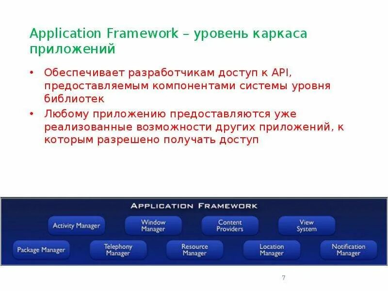 Application Framework – уровень каркаса приложений. Уровни фреймворка. Каркас приложений включает. Требования по каркассу приложение j. Доступ к api запрещен