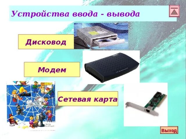 Модем это устройство вывода. Устройства ввода-вывода дисковод. модем – устройство ввода/вывода. устройство ввода информации сетевая карта.