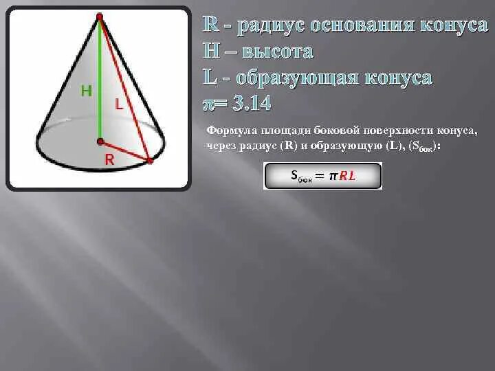 Вычислить радиус конуса. Формула боковой поверхности конуса через образующую. радиус основания конуса формула. высота конуса. радиус конуса.