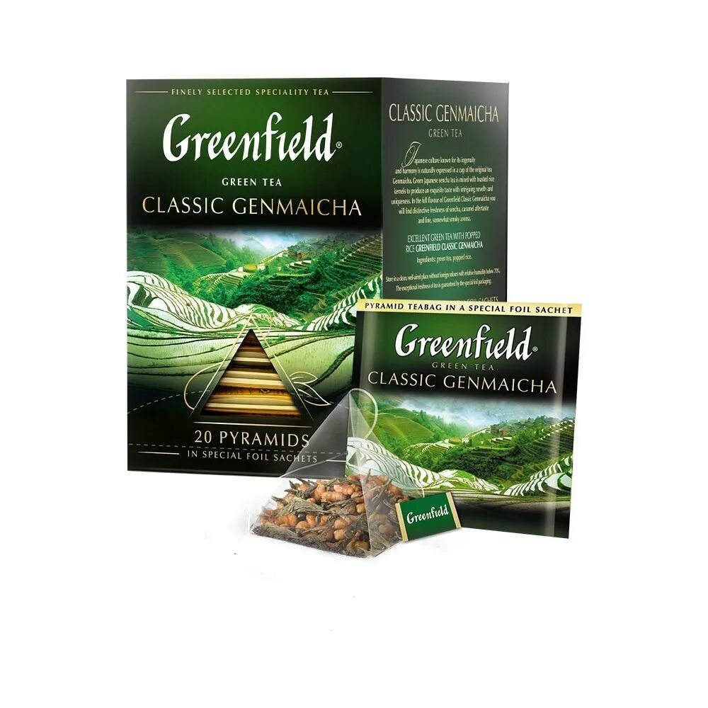 Зеленый чай гринфилд в пакетиках. Greenfield Classic Genmaicha. Гринфилд Classic Genmaicha. Гринфилд Pyramid Tea. Гринфилд зеленый чай в пирамидках.