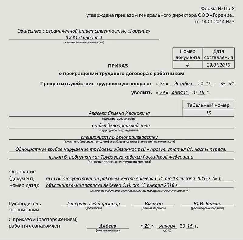 Уволили по 33 статье. Пример приказа об увольнении за прогул образец. Приказ об увольнении учителя школы по собственному желанию. Образец приказ об увольнении по 81 ст ТК РФ. Образец приказа об увольнении по инициативе работника.