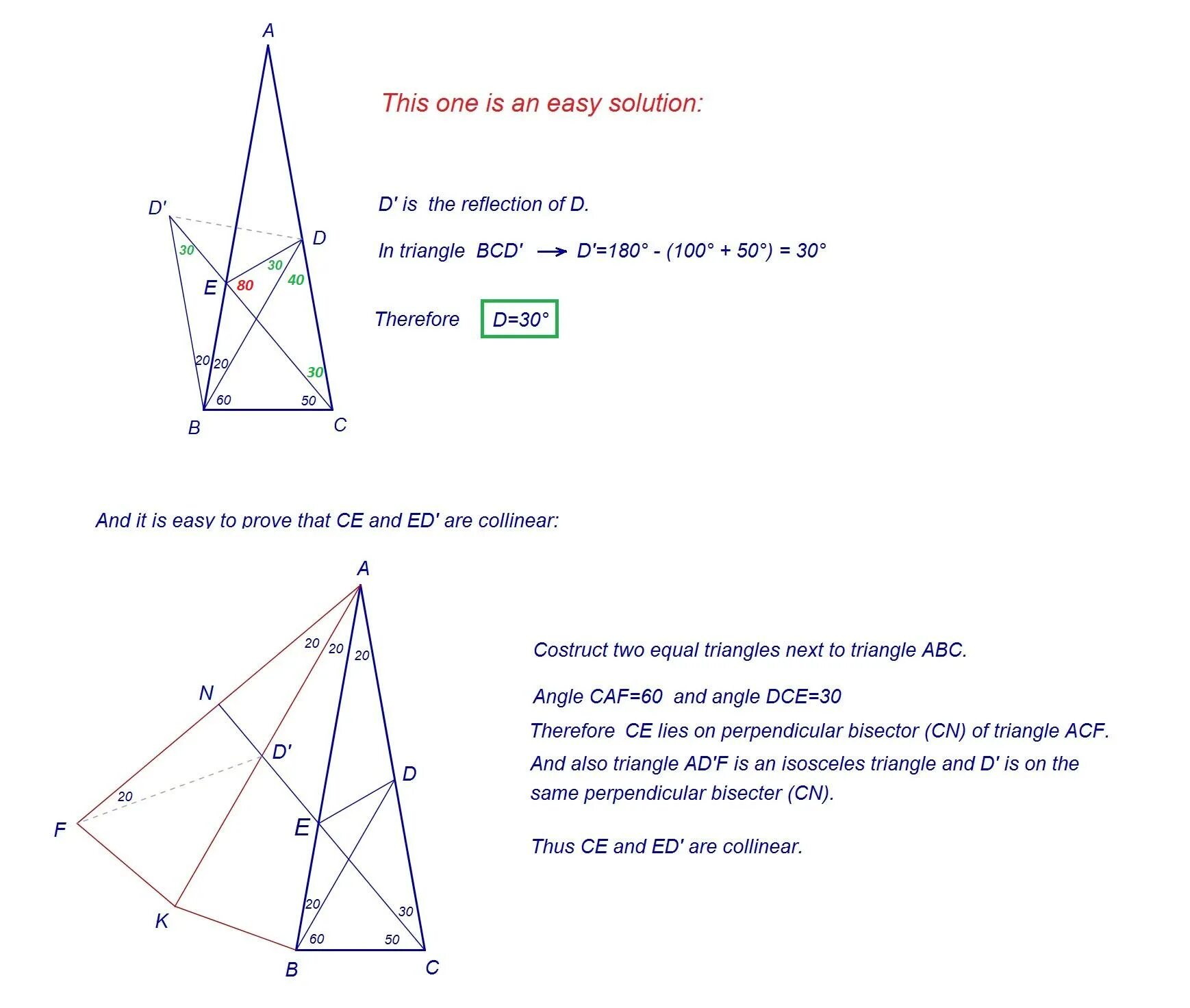 Задача про треугольник с углами 20,80, 80. Reflection of Triangle.