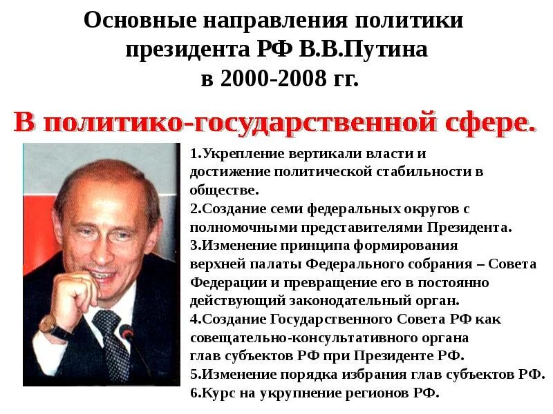 Курс политик. Основные направления политики президента РФ В В Путина 2000-2008. Основные направления политики президента Путина 2000 2008. Первое правление Путина 2000-2008. Правление президента Путина 2000-2008 гг.