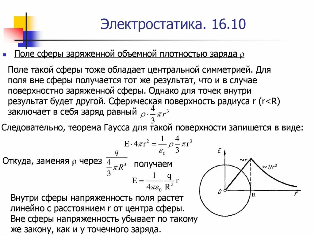 Напряженность вне шара. Объемная плотность заряда сферы. Напряженность поля сферы формула. Напряженность внутри сферы. Поле заряженной сферы.